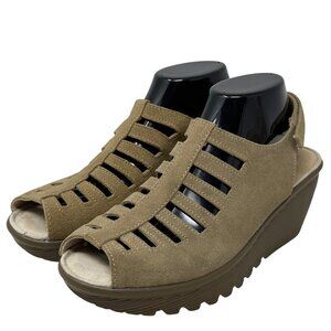 Skechers Parallel Dark Natural Tan Trapezoid Wedge Heel Suede Leather Sz 9 M